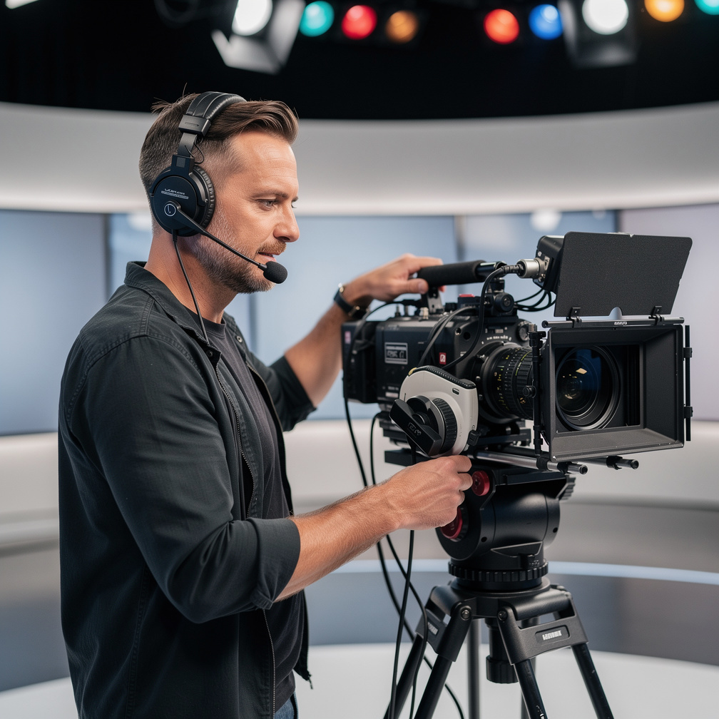 Camera operator adjusting a broadcast camera in a TV studio