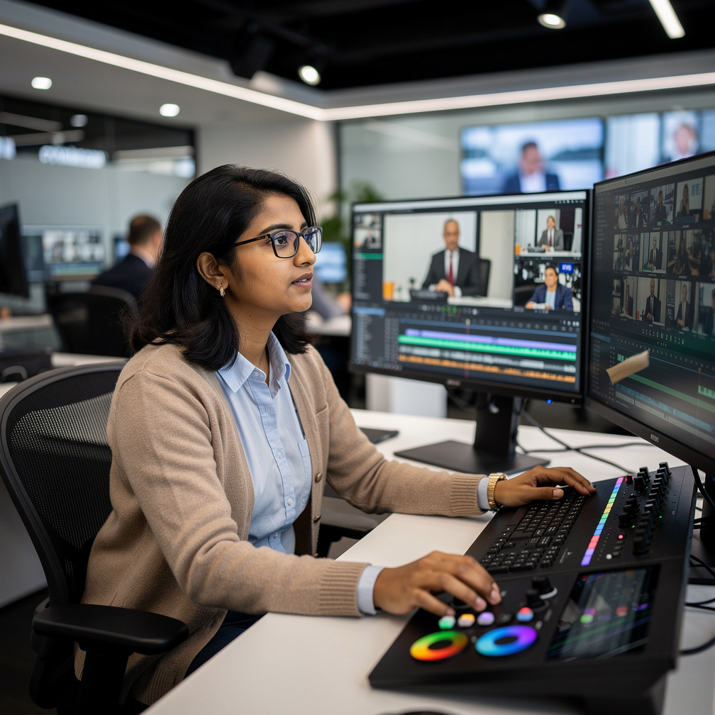 Newsroom producer reviewing footage on multiple monitors